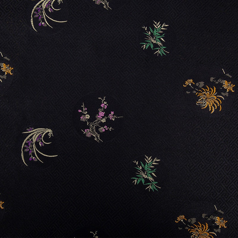 Black Chrysanthemum Brocade Fabric: Plum Bamboo Satin, 29.5"W