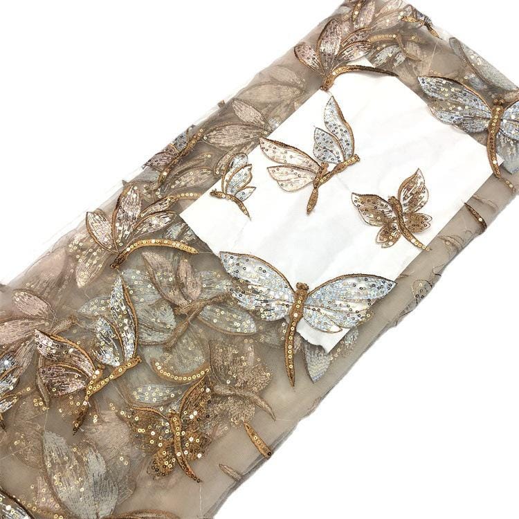 Butterfly Embroidered Sequin Lace Fabric: Two-Tone Tulle Mesh, 59" Wide