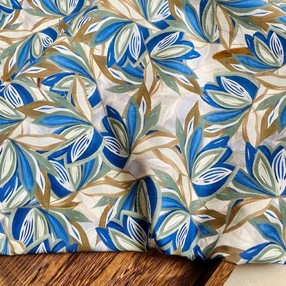 Floral Cotton Fabric: 60s Style, Blue & Brown Print, 59" Wide