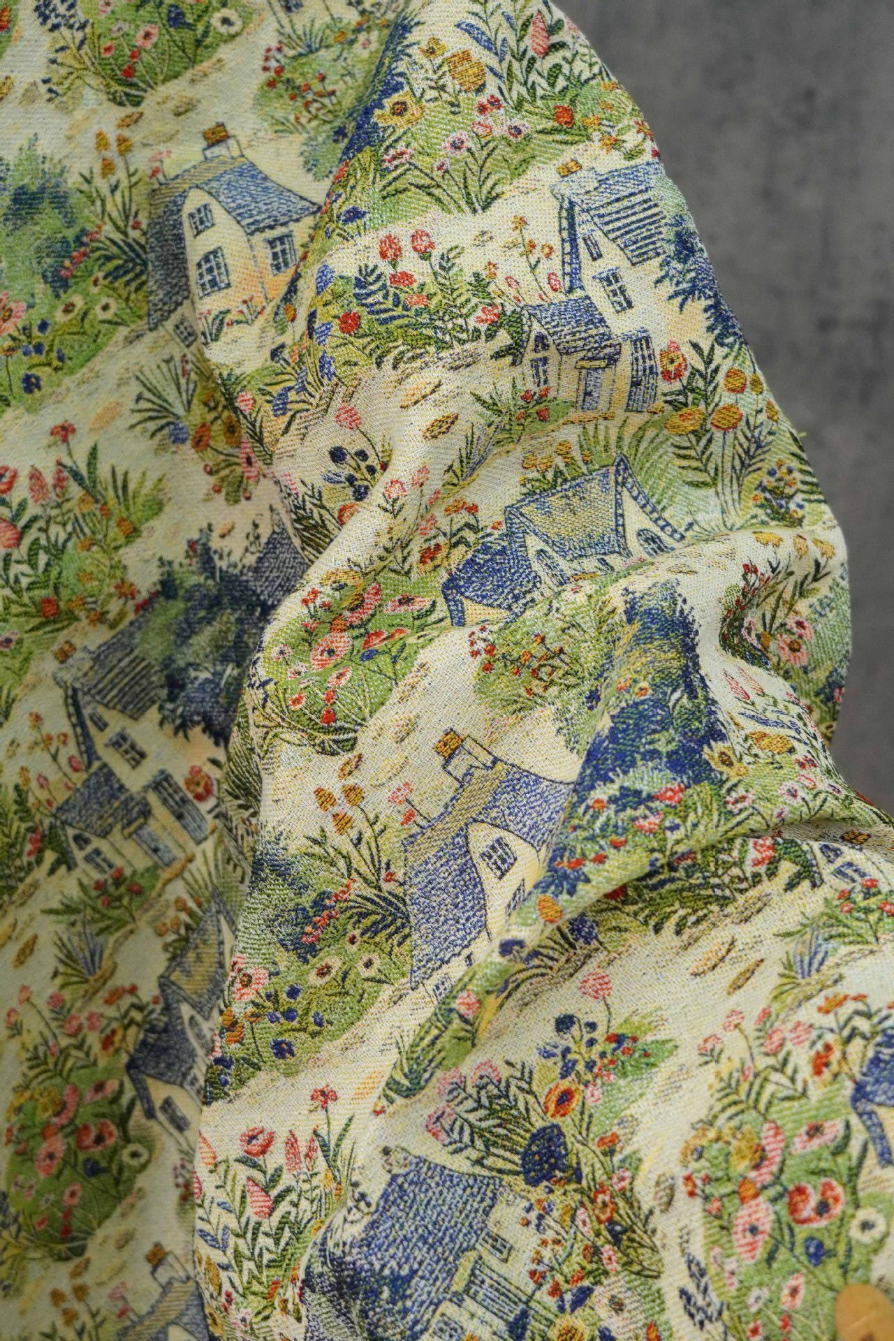 Pastoral Oil Painting Style Jacquard Fabric, Countryside Houses & Floral Weave, 56"Wide