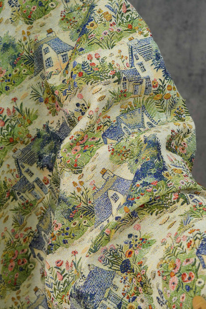 Pastoral Oil Painting Style Jacquard Fabric, Countryside Houses & Floral Weave, 56"Wide