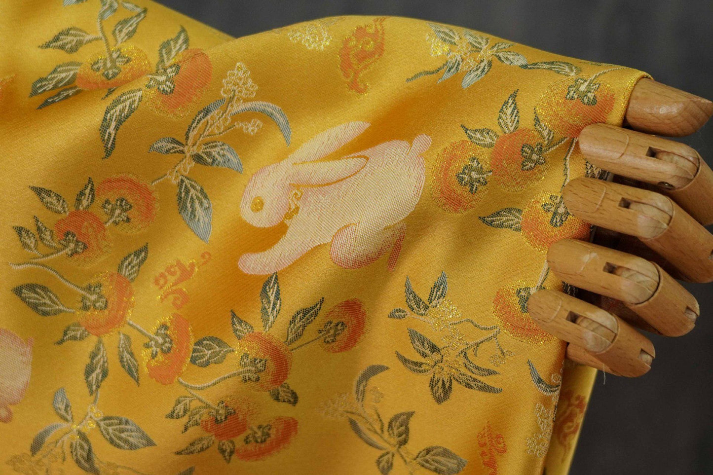 Floral Rabbit Brocade Fabric, Yellow Chinese Jacquard, 58" Wide