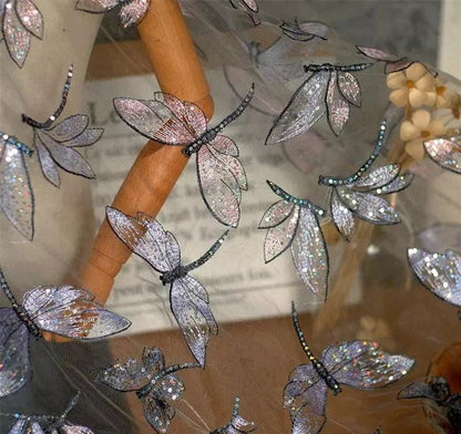 Butterfly Embroidered Sequin Lace Fabric: Two-Tone Tulle Mesh, 59" Wide