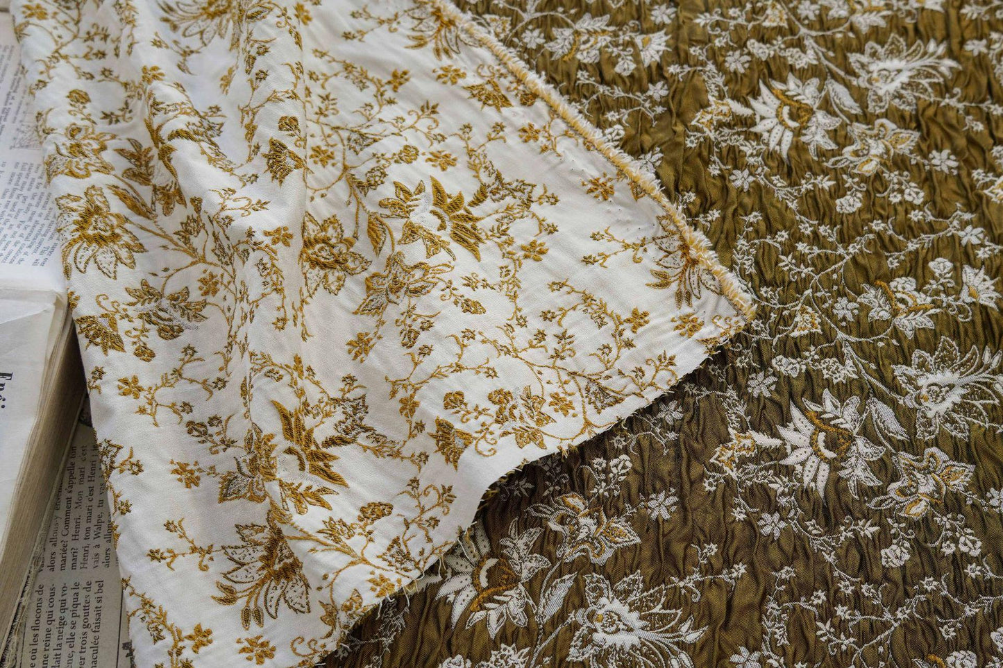 Gold Thread Jacquard Fabric: 3D Flower Design, Upholstery & Costume