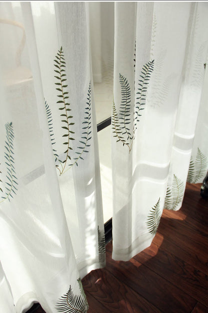 White Linen Blend Curtain Fabric: Fern Embroidery, Light Filtering