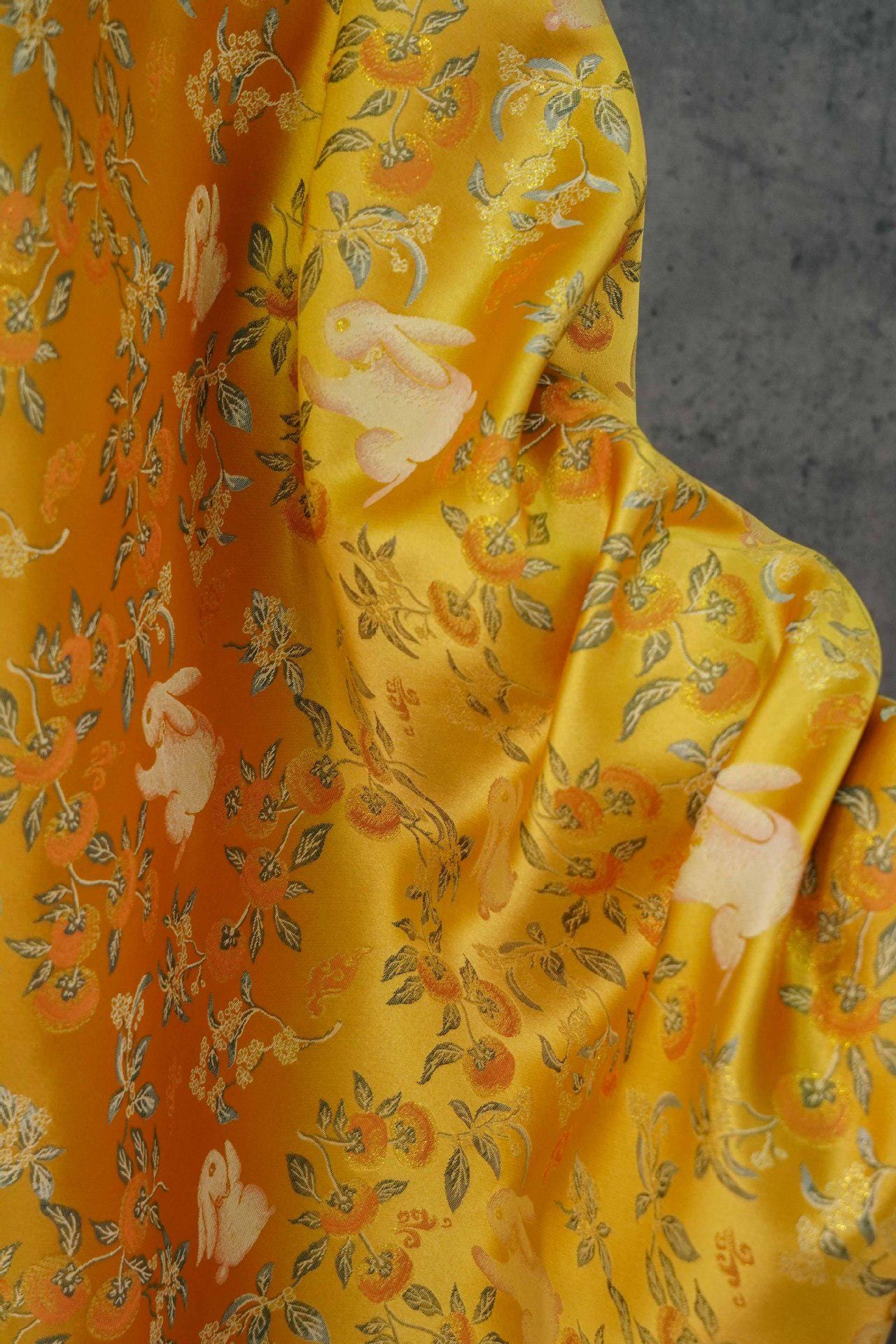 Floral Rabbit Brocade Fabric, Yellow Chinese Jacquard, 58" Wide