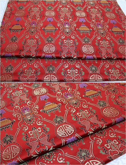 Brocart rouge chinois : motif double poisson Poissons