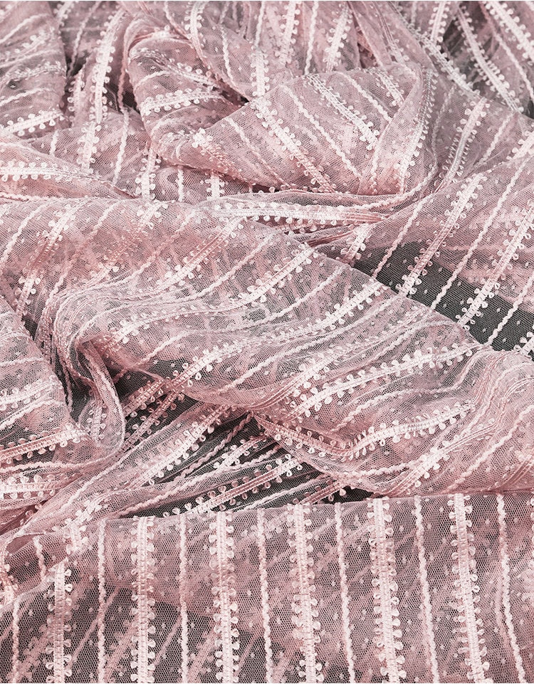 Striped Mesh Lace Fabric, Embroidered Polyester, Costume, Wedding Decor, 65"Wide