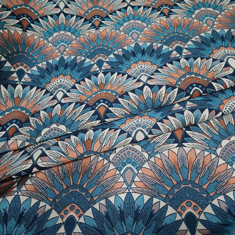 Bohemian Jacquard Woven Fabric: Blue & Orange Embossed Upholstery - 55"W