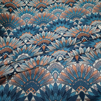 Bohemian Jacquard Woven Fabric: Blue & Orange Embossed Upholstery - 55"W