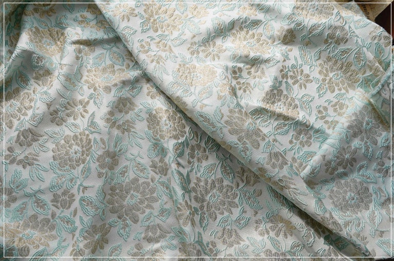 Gold Thread Floral Jacquard Fabric: Mint Green 3D Texture (55" W)