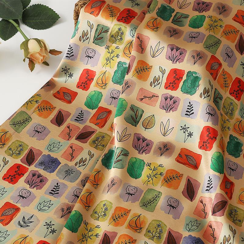 Tissu satiné de soie imprimé numériquement, motif thé : 150 cm de large, pour ameublement, costumes et loisirs créatifs.