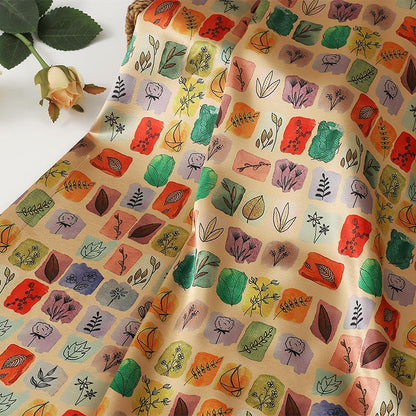 Tissu satiné de soie imprimé numériquement, motif thé : 150 cm de large, pour ameublement, costumes et loisirs créatifs.