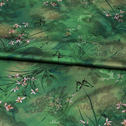 Butterfly Bamboo Tea Silk Satin Fabric: 59"W Upholstery, Costume, Cheongsam