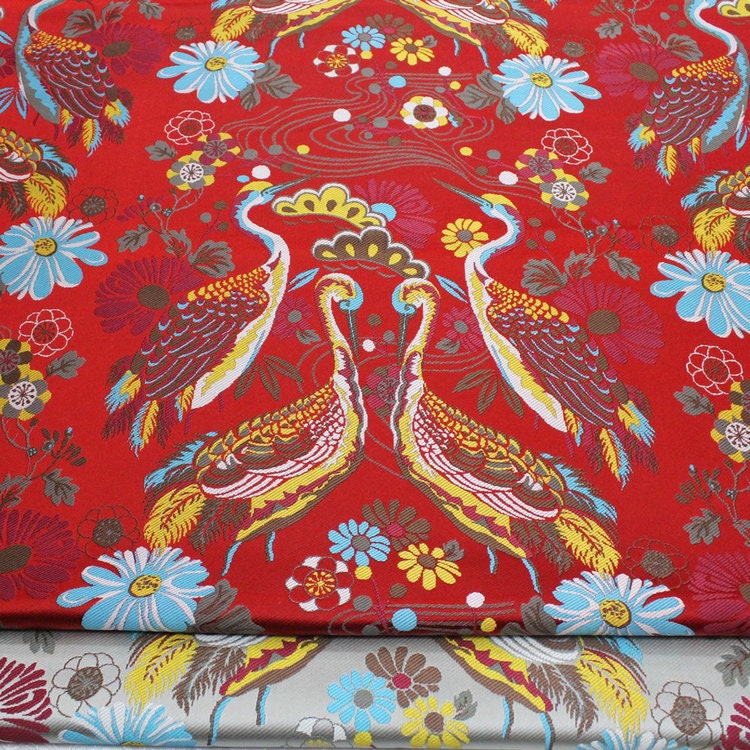 Crane Jacquard Satin Fabric: Birds Pattern Brocade, 29.5"W Home Decor
