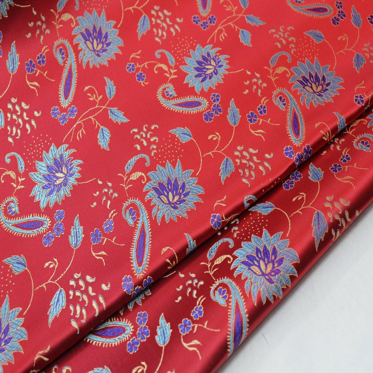 Tissu brocart de soie rouge : 89 cm de large, motif pivoine, tissu de mariage chinois