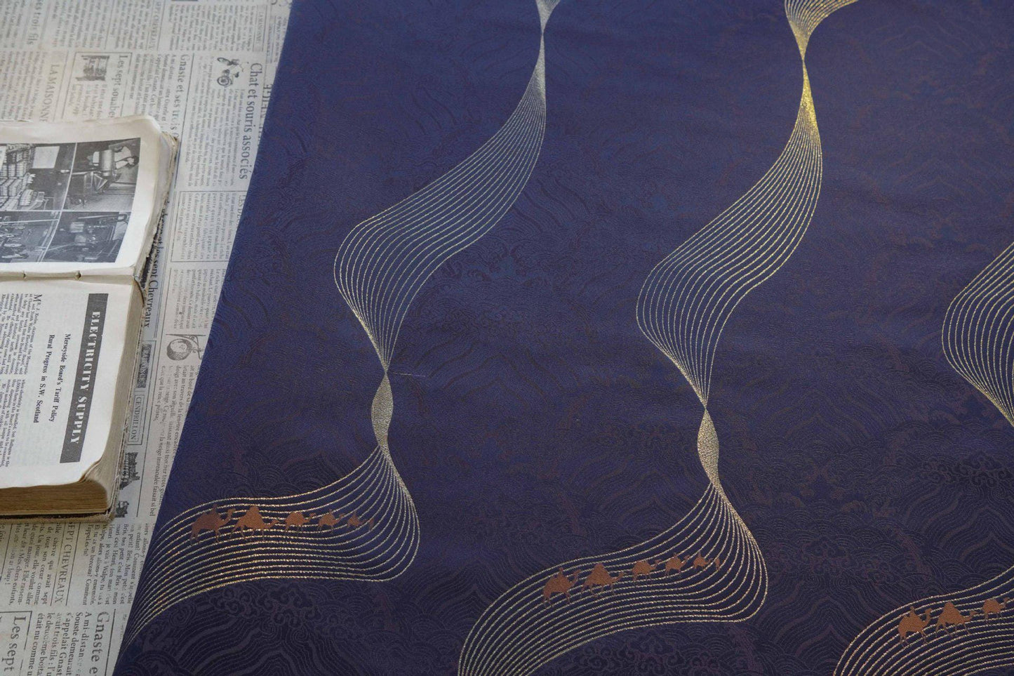 Dark Purple Jacquard Fabric: Golden Wave Pattern, Luxury Upholstery - 65"W