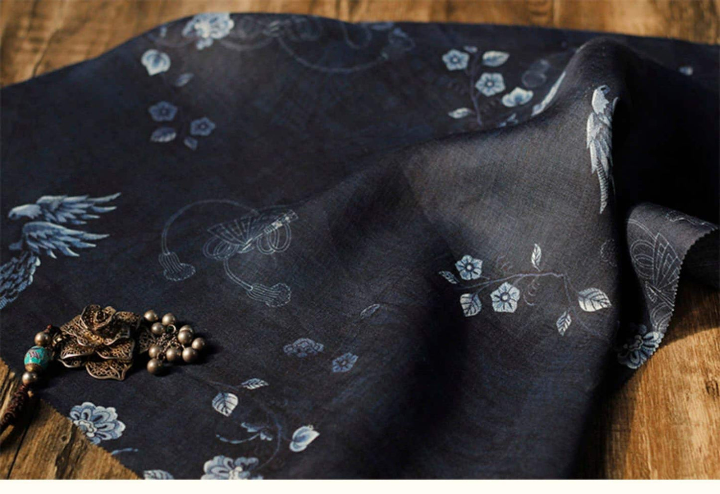 Vintage Style Ramie Fabric: Bird Print, 55" Wide, Soft & Breathable