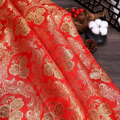 Red & Gold Phoenix Jacquard Satin Brocade Fabric - Chinese Wedding Dress