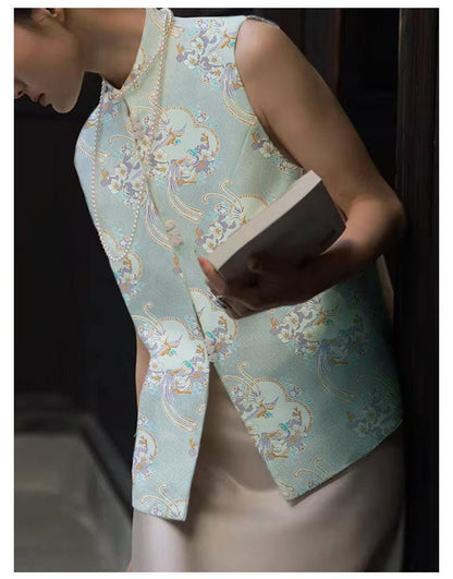 Tissu de kimono Nishijin bleu aqua : brocart floral à fils d'or (59"L)