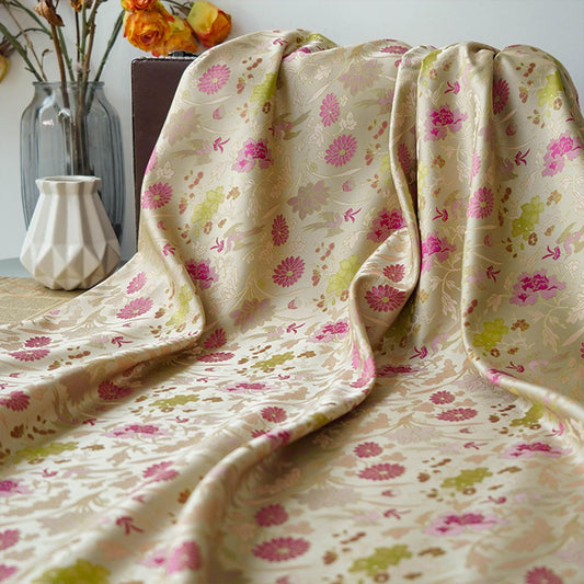 Gold Thread Floral Jacquard Fabric: 3D Texture, 55" Wide