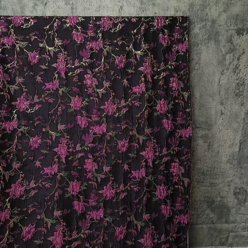Black Jacquard Fabric: 3D Purple Rose & Gold Foil - 55"W Upholstery