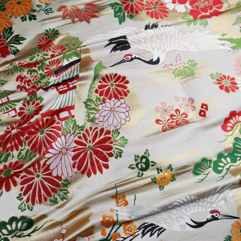 Crane Jacquard Satin Fabric: Birds Pattern Brocade, Costume Decor