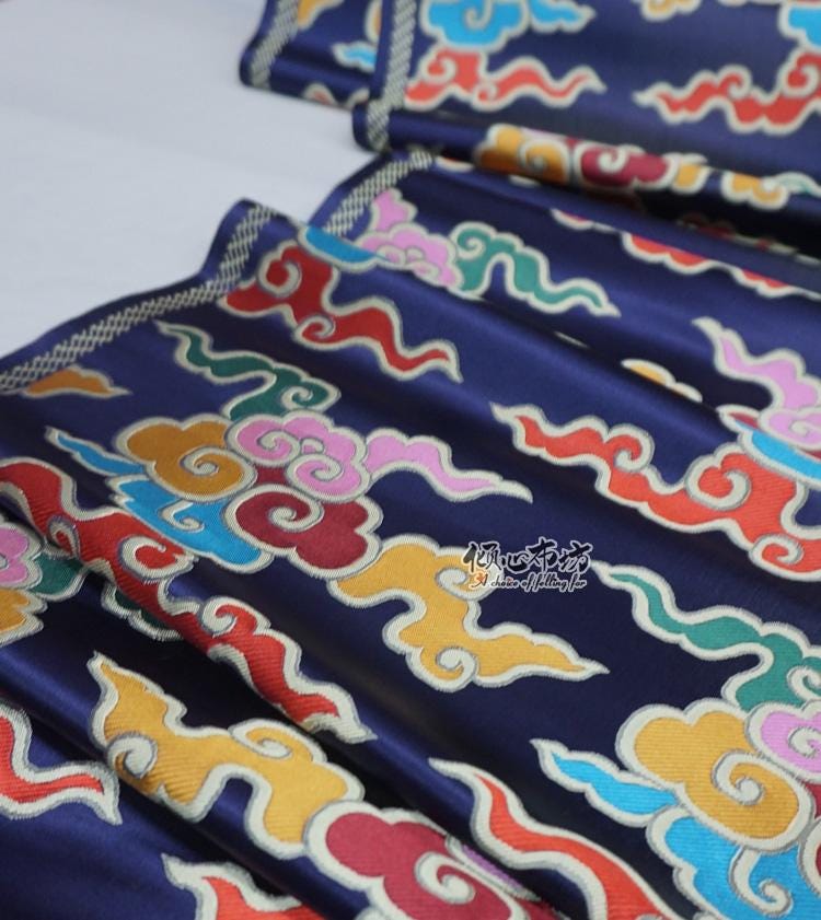 Dark Blue Auspicious Clouds Jacquard Fabric: Tibetan Style Costume Dress Material