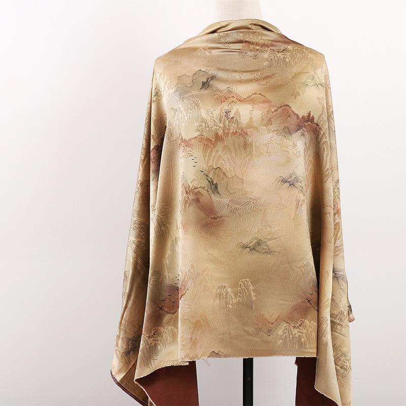 Ancient Mountain Tea Silk Satin Fabric: Digital Print Drapery, 59"W