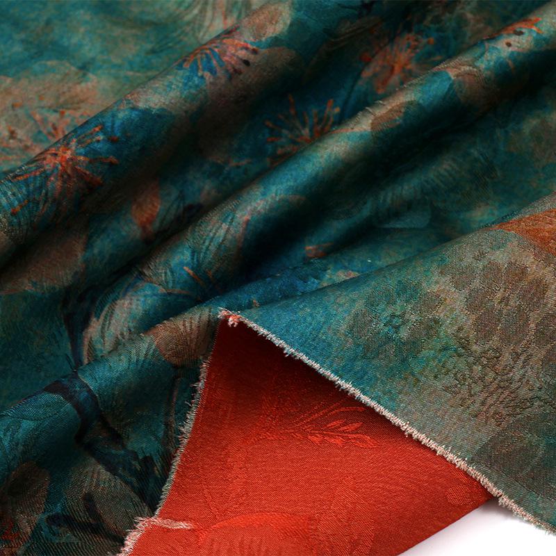 Red Cloud Gauze Fabric with Ink-Dyed Peony Blossom Print, 59"Wide