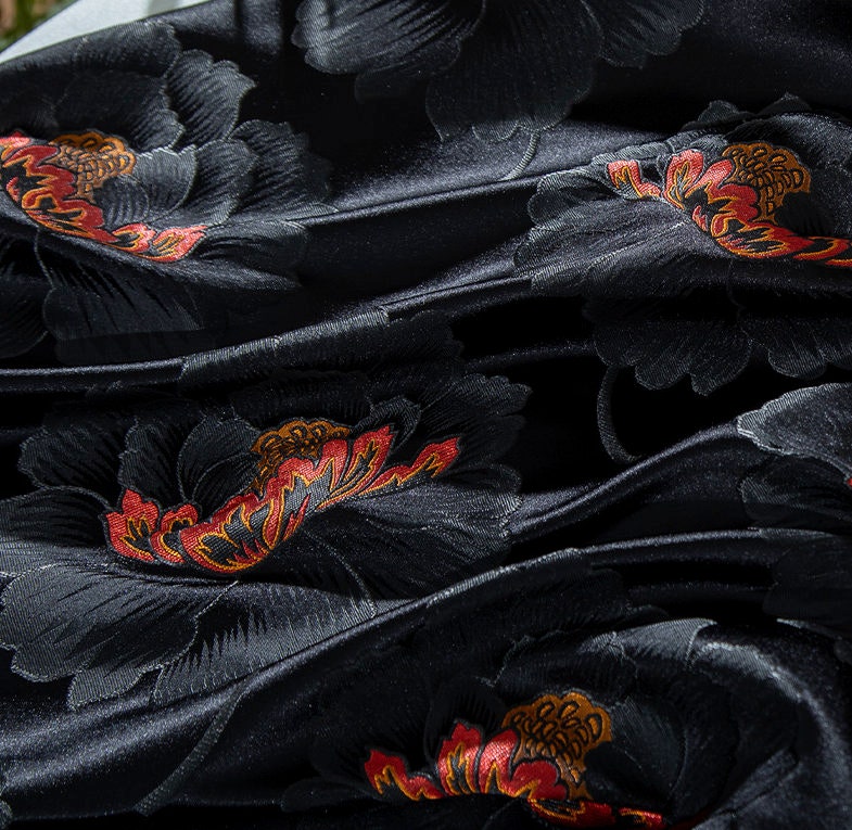 Black Peony Brocade Fabric: 29.5"W Luxurious Rayon Textiles