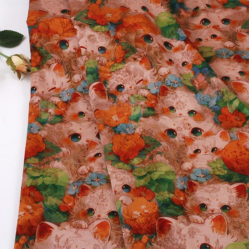 Cartoon Kitten Peony Print on Red Cloud Gauze Fabric ��� Fun & Playful Desi"Wide