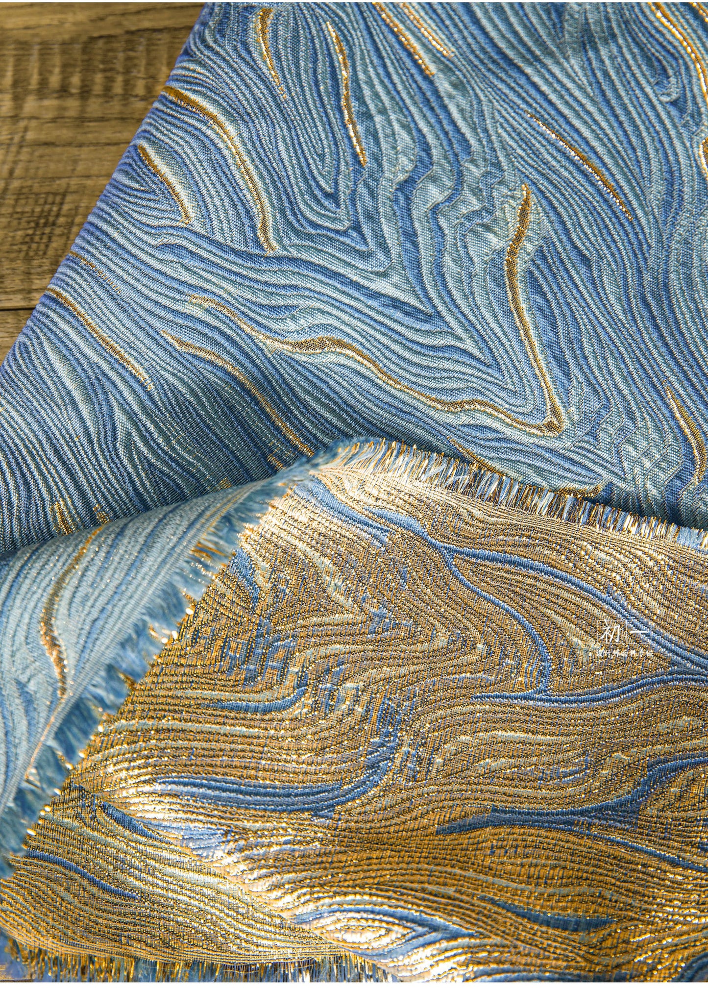 Gold & Light Blue Jacquard Fabric: 3D Texture Oil Painting Design