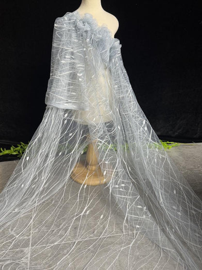 Embroidered Sequin Lace Fabric: Light Blue-Gray Tulle, 59" Wide