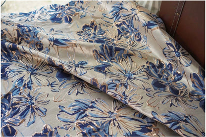 Tissu jacquard floral bleu à fil doré : 150 cm de large, gaufré, pour ameublement