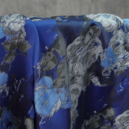 Blue Floral Brocade Fabric: Ink Painting Design, 60" Wide