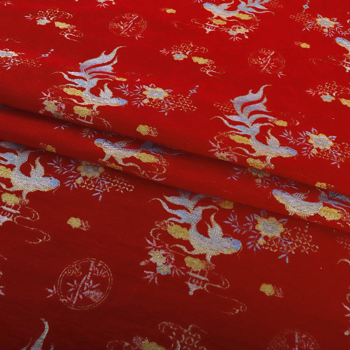Koi Fish Chenille Fabric: Gold Weaving Pattern, 58" Wide