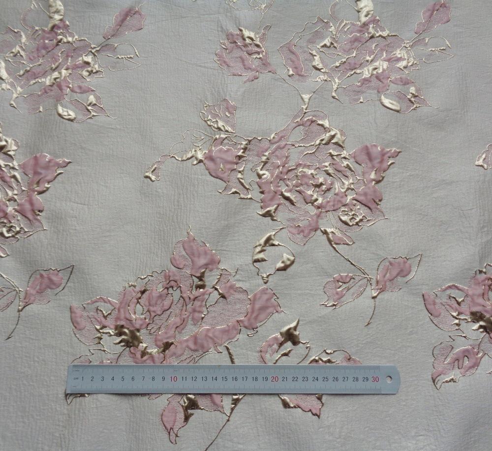 Pink Peony Gold Foil Jacquard Fabric: Chenille Upholstery, Quilting - 56"W