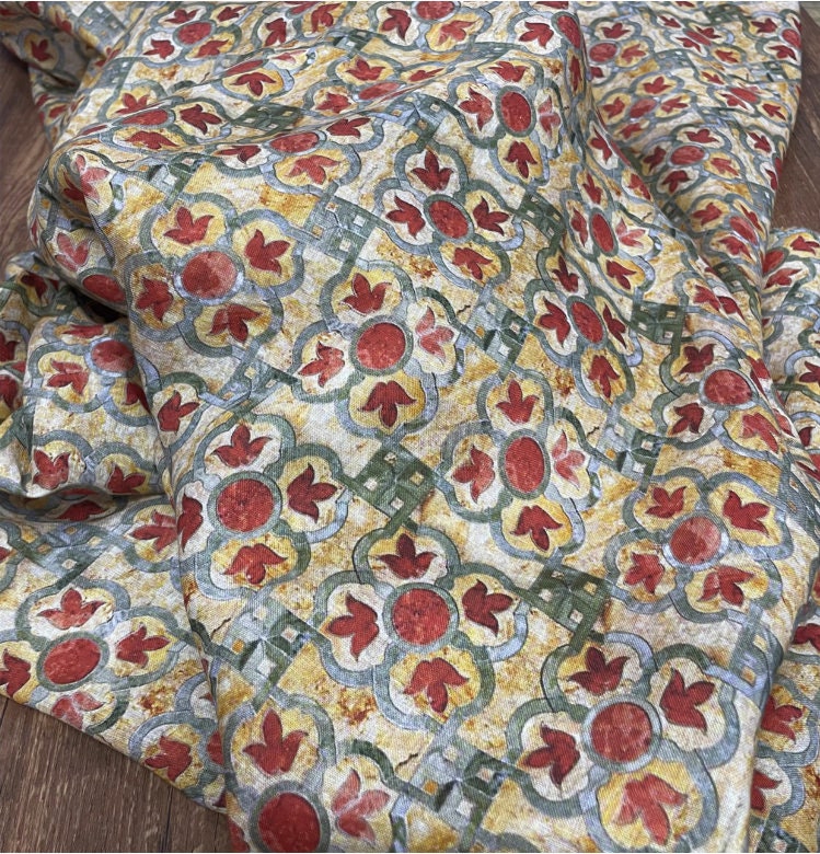 Dunhuang Fresco Linen Fabric: Asian Chinese Style Upholstery, Sewing, Scarf - 53"W