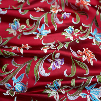 Japanese Daffodil Jacquard Brocade Fabric: Maroon Silk Rayon Blend, 29.5" Wide