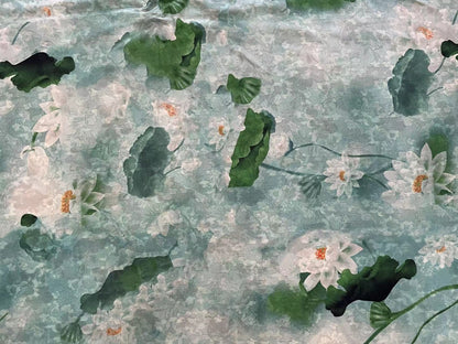 Tissu en soie à motif lotus et encre - 150 cm de large, texture satinée