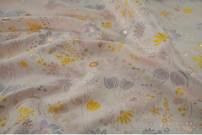 Light Pink Floral Jacquard Fabric: Gold Shimmering Embossed Woven, 57"W