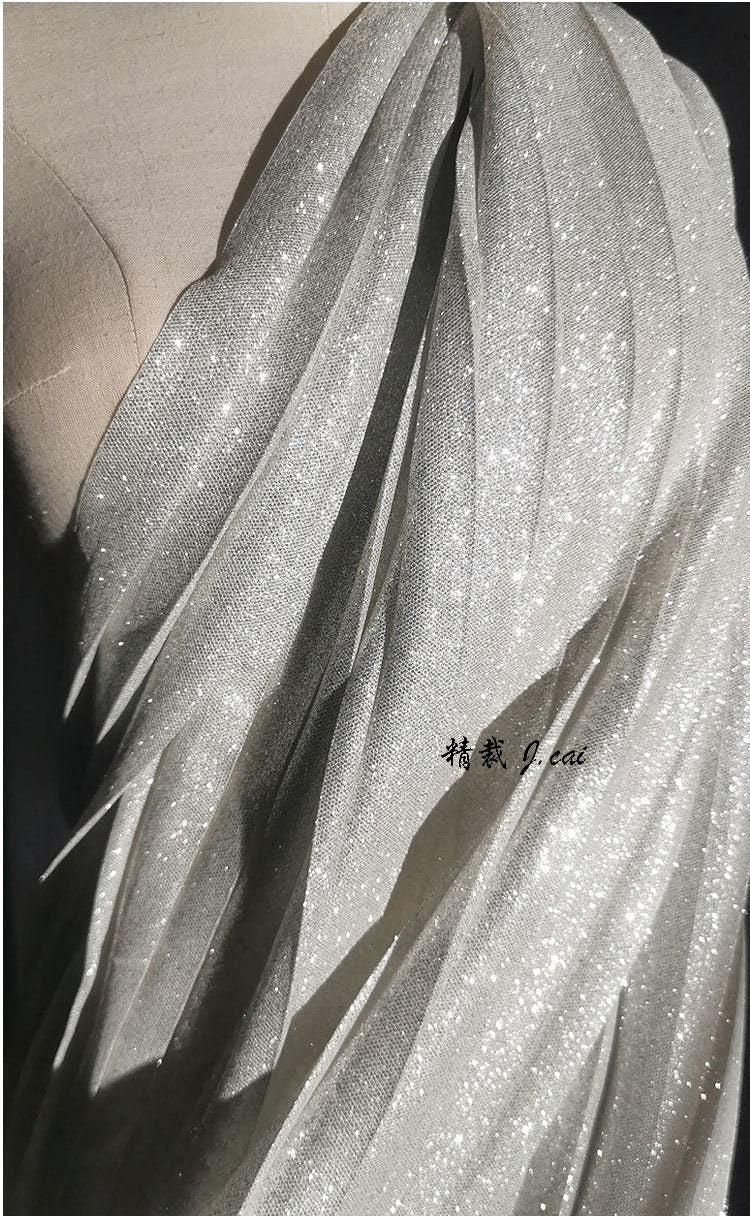 Silver Glitter Pleated Knitted Fabric: 59"W Crepe Cosplay Fabric