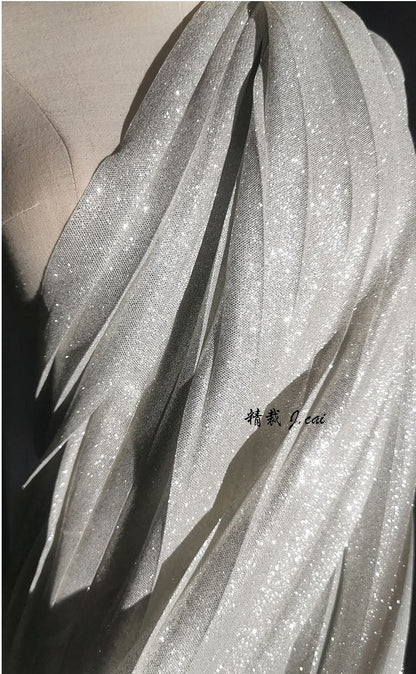 Silver Glitter Pleated Knitted Fabric: 59"W Crepe Cosplay Fabric