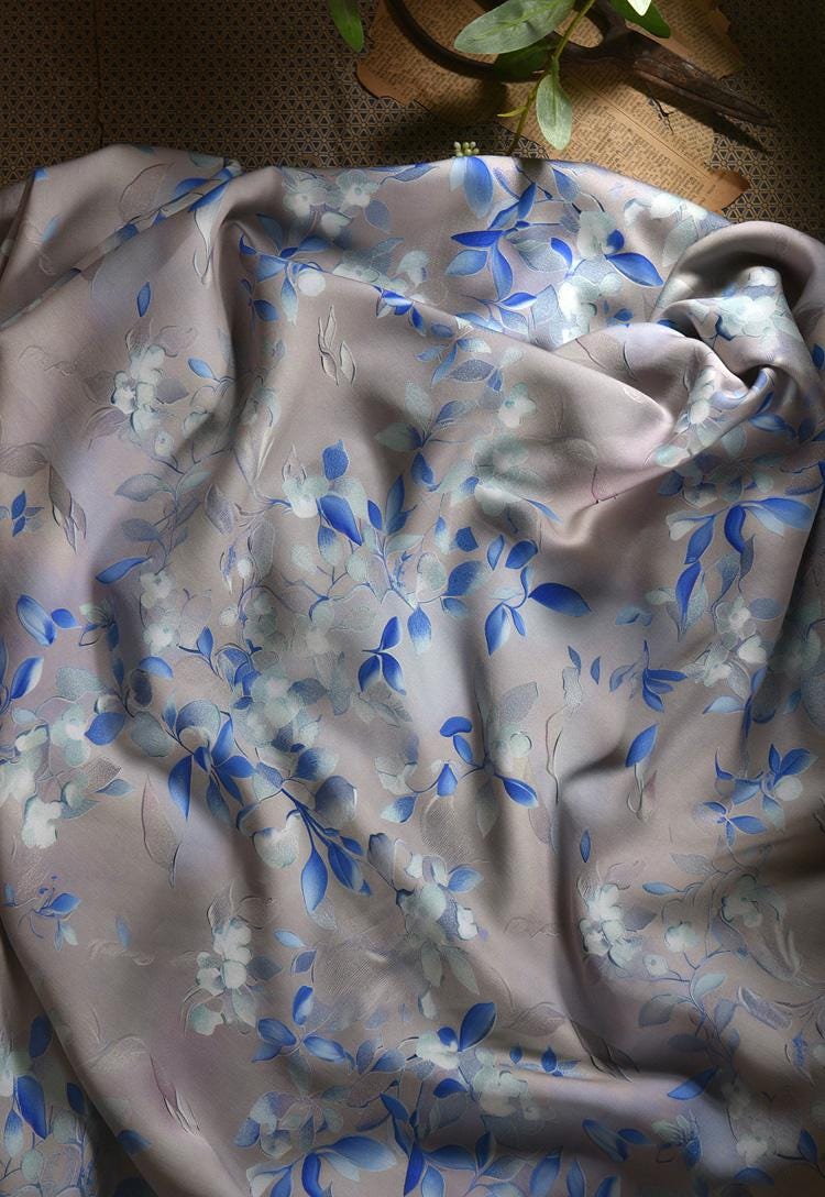 Gray Blue Cotton Sateen Fabric: Snowy Elegance Print, 55" Wide