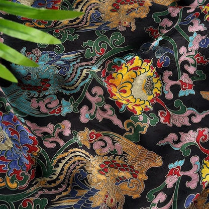 Gold Shantung Rayon Fabric: Dunhuang Pattern Upholstery, Costume, Scarf