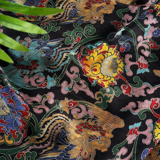 Tissu rayonne Shantung doré : rembourrage à motif Dunhuang, costume, écharpe