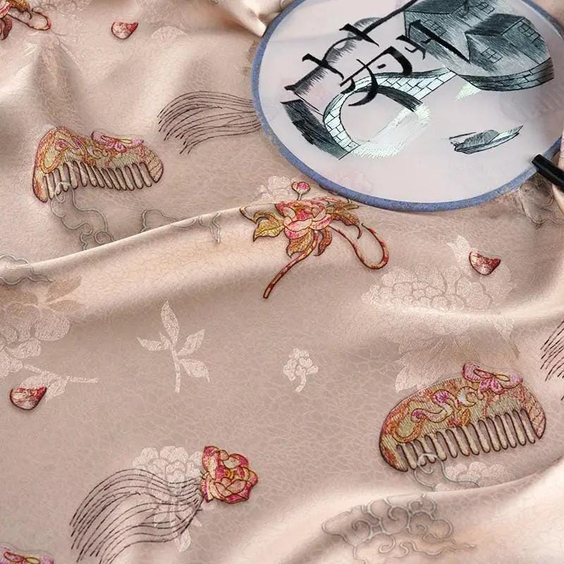 Lotus Tea Silk Satin Fabric: Japanese Pattern Upholstery, Costume, Decor (58"W)