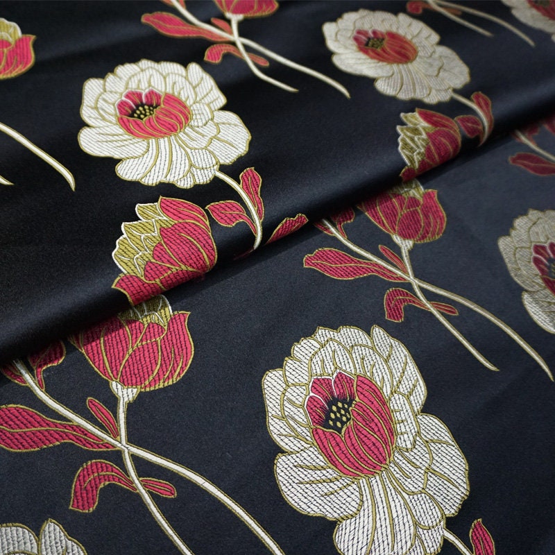 Lotus Brocade Fabric: Red Silk Blend Tibetan Textile (29"W)