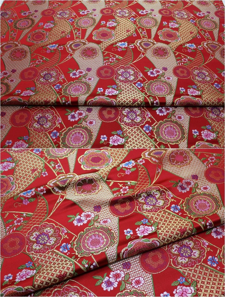 Nishijin Japanese Floral Jacquard Brocade Fabric: Black and Red Silk Rayon Blend (29.5" Width)